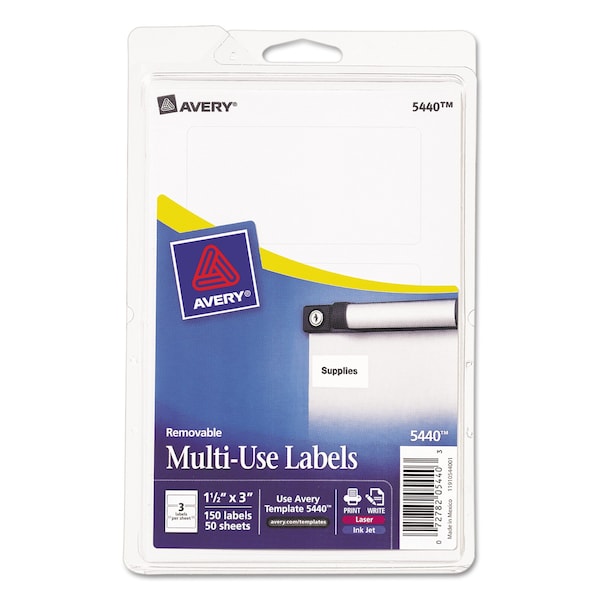 Avery Removable Multi-Use Labels, Inkjet/Laser Printers, 1.5x3, White, PK150 13943/5440 - main